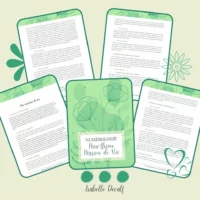 Aperçu du mini-thème mission de vie en numérologie, avec sa couverture verte à motifs floraux et plusieurs pages du document personnalisé.