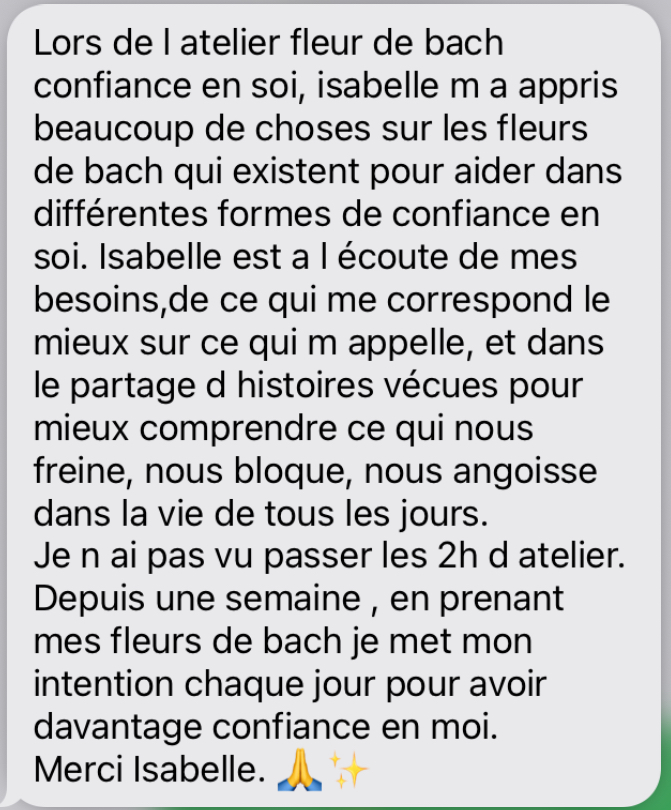 personne qui témoigne des bienfaits de l'atelier confiance en soi et fleurs de Bach