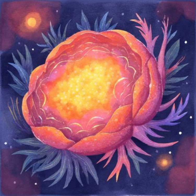 Représentation symbolique d'une mémoire cellulaire avec un centre lumineux, illustrant le soin énergétique