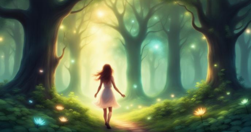 Femme marchant légèrement en forêt dans la lumière,<br />
évoquant la légèreté après la libération des mémoires