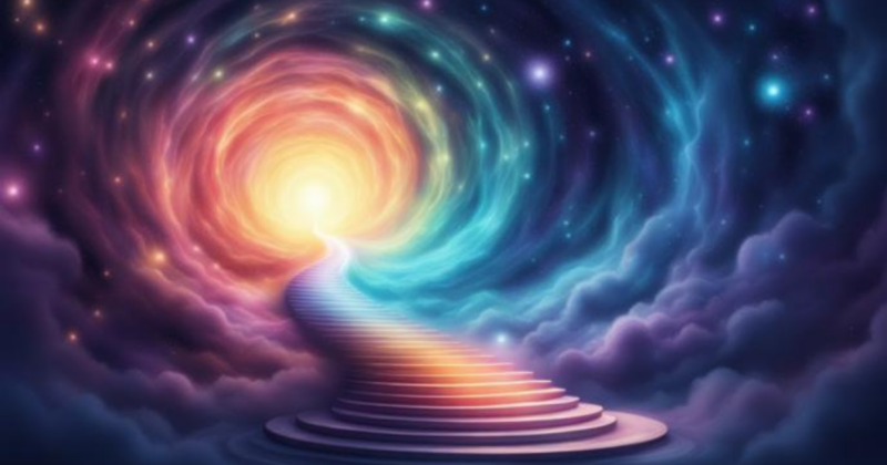 Chemin arc en ciel vers un portail cosmique<br />
symbolisant les mémoires karmiques et les vies antérieures