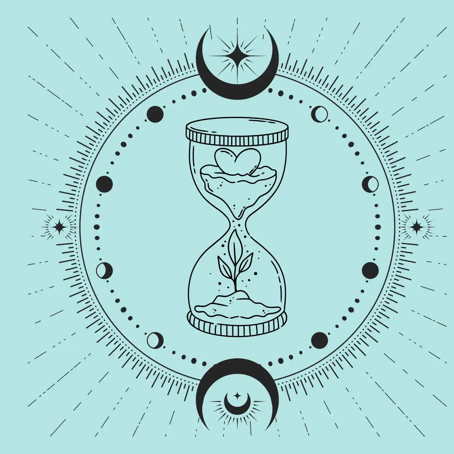 Sablier avec lune et étoiles symbolisant le temps cyclique et les schémas